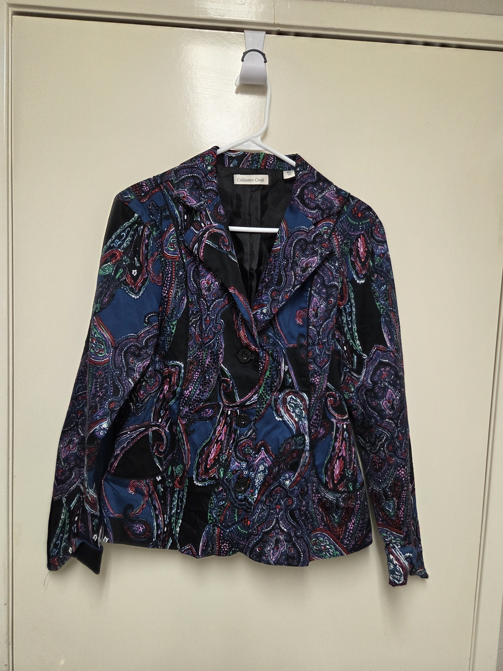 Vintage 90s Coldwater Creek Women's Blue and Black Paisley Jacket Size 12 Large
